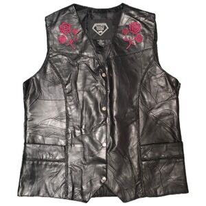 Diamond Plate Buffalo Leather Vest Mens XL Black Excellent Patchwork Rose Biker